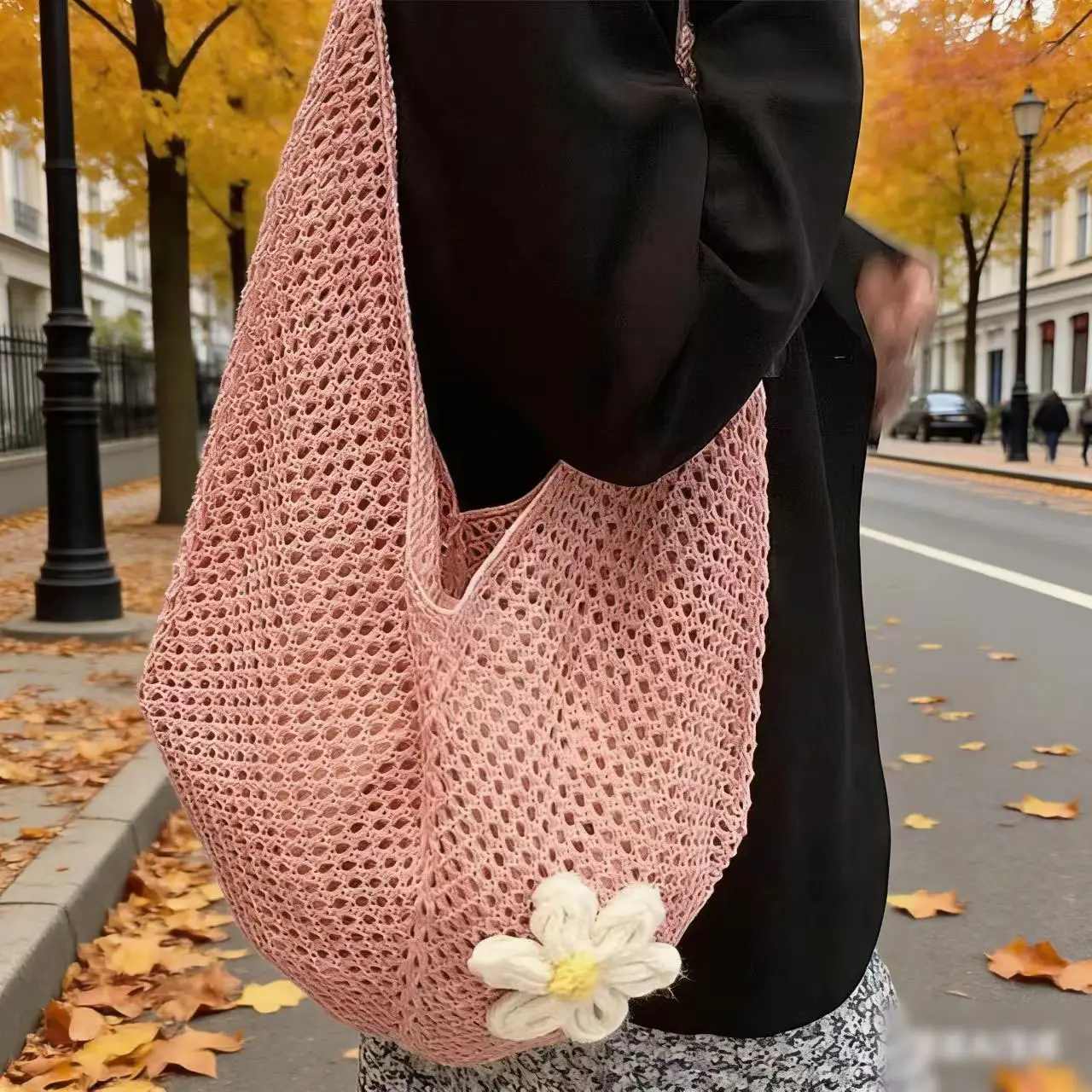 Blue Woven Shoulder Bag with Flower Decor for Women