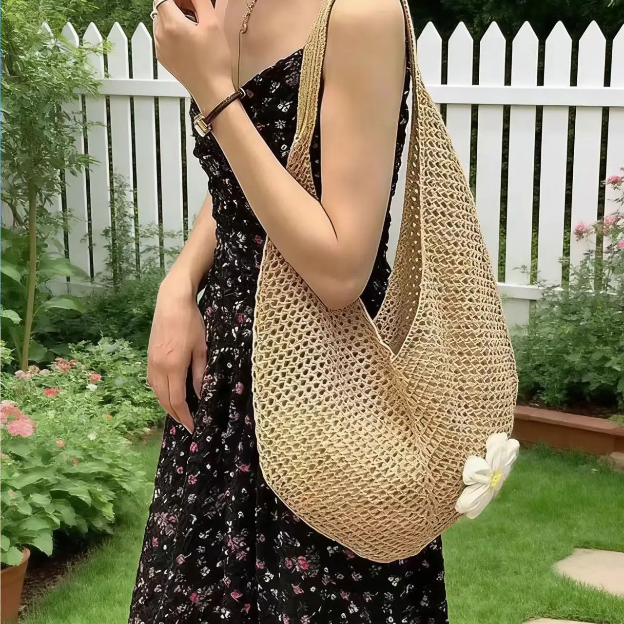 Blue Woven Shoulder Bag with Flower Decor for Women
