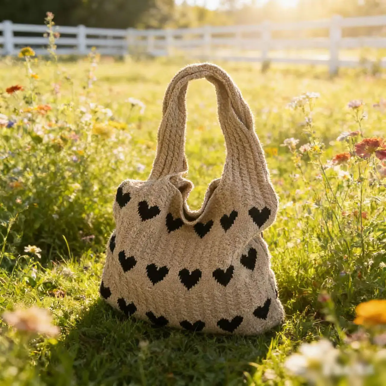 Blue Woven Shoulder Bag with Flower Decor for Women