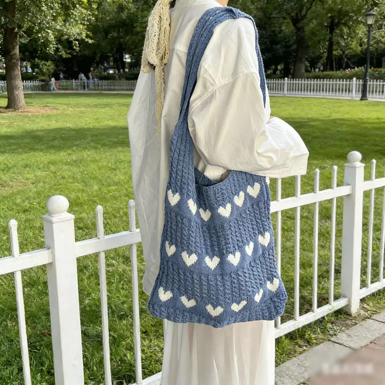 Blue Woven Shoulder Bag with Flower Decor for Women