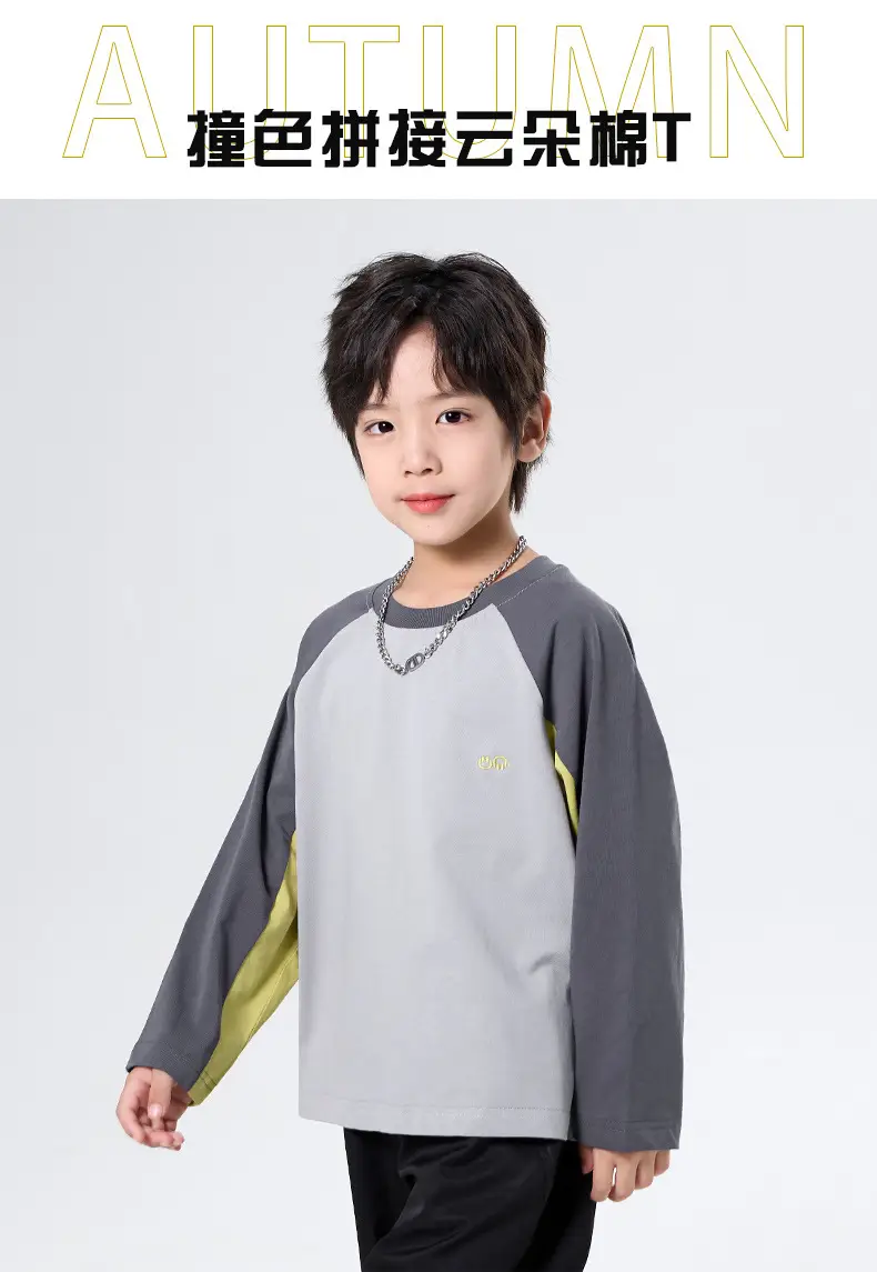 Boys Pure Cotton Long Sleeve T-Shirt Grey Yellow Autumn 2025 — feature 1