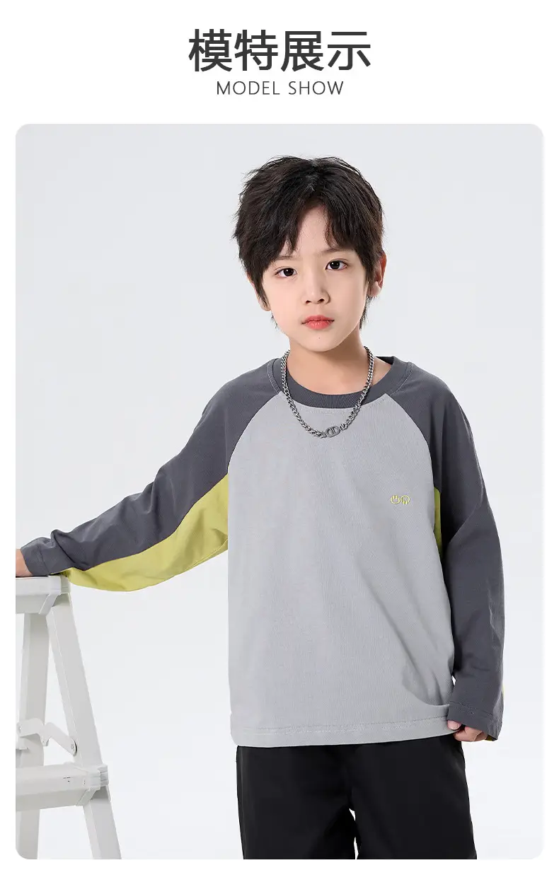 Boys Pure Cotton Long Sleeve T-Shirt Grey Yellow Autumn 2025 — feature 4