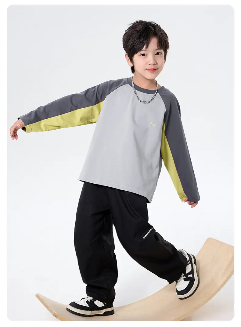 Boys Pure Cotton Long Sleeve T-Shirt Grey Yellow Autumn 2025 — feature 7