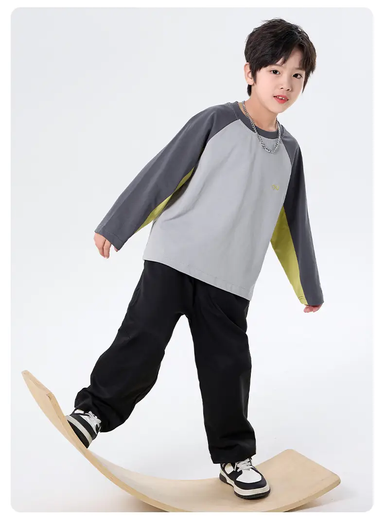 Boys Pure Cotton Long Sleeve T-Shirt Grey Yellow Autumn 2025 — feature 8