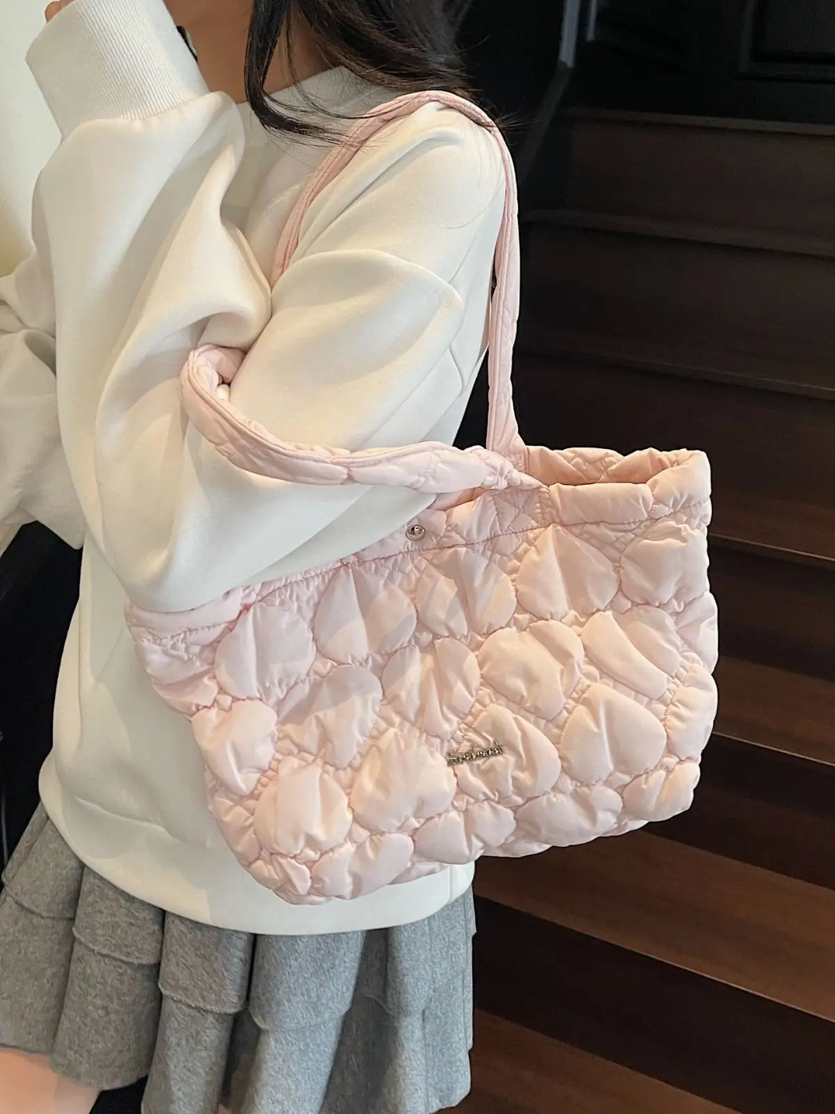 Pink Quilted Women's Shoulder Tote Bag Large Capacity - Image 7
