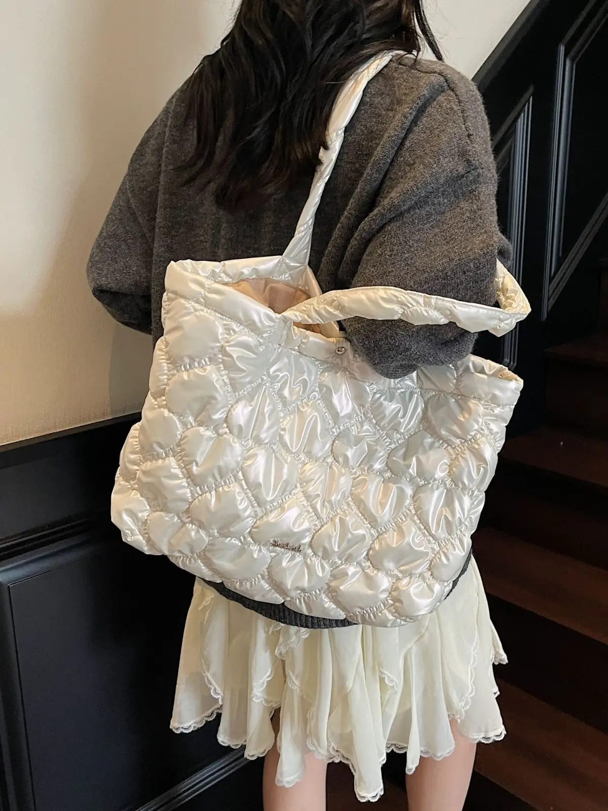 Pink Quilted Women's Shoulder Tote Bag Large Capacity - Image 8