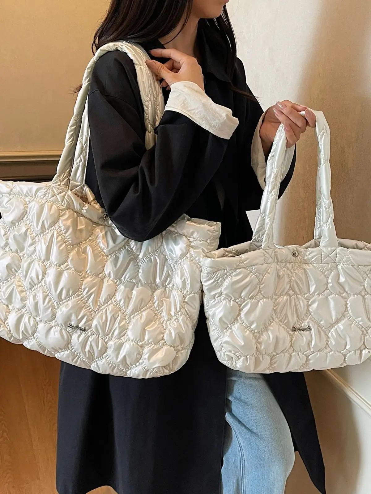 Pink Quilted Women's Shoulder Tote Bag Large Capacity - Image 9