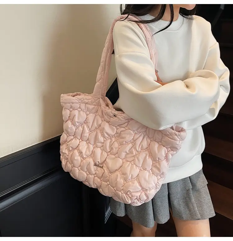 Pink Quilted Women's Shoulder Tote Bag Large Capacity — feature 3