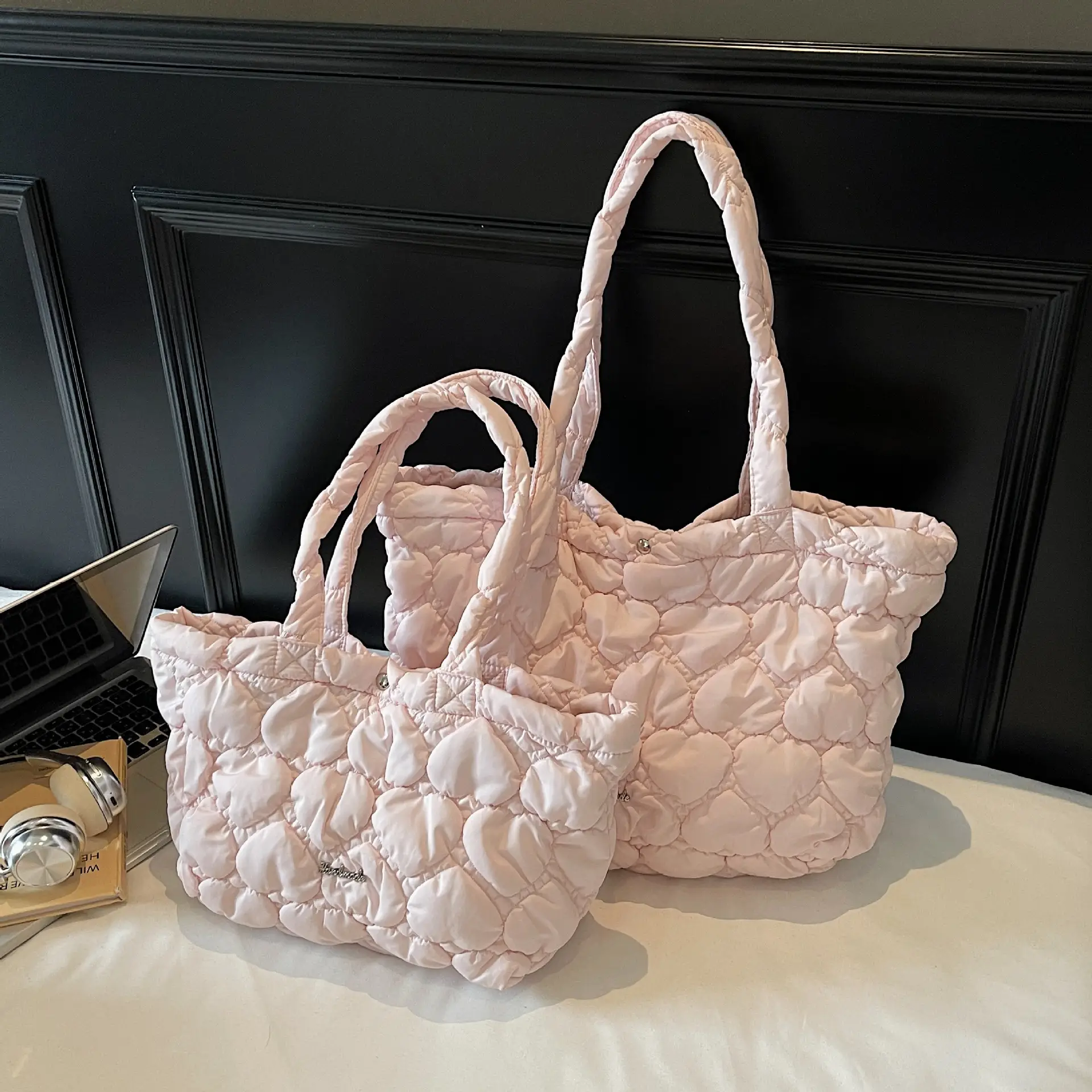 Pink Quilted Women's Shoulder Tote Bag Large Capacity - Image 2