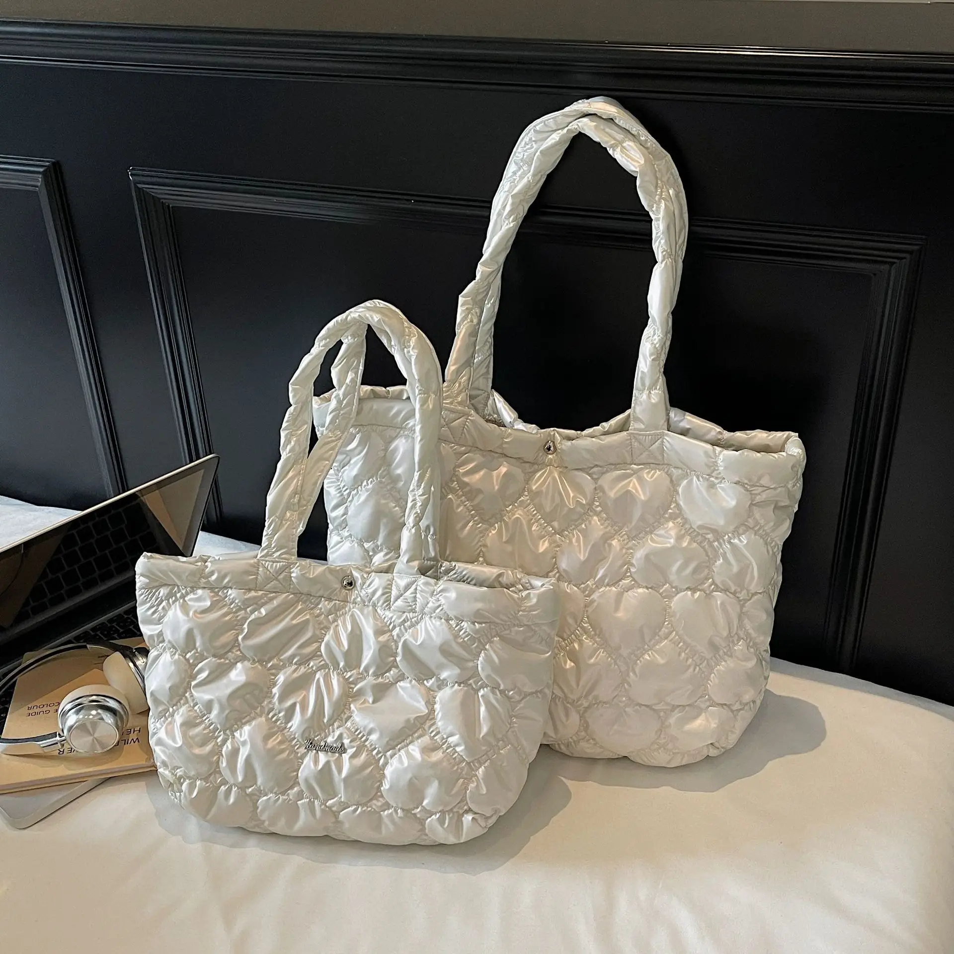 Pink Quilted Women's Shoulder Tote Bag Large Capacity - Image 3