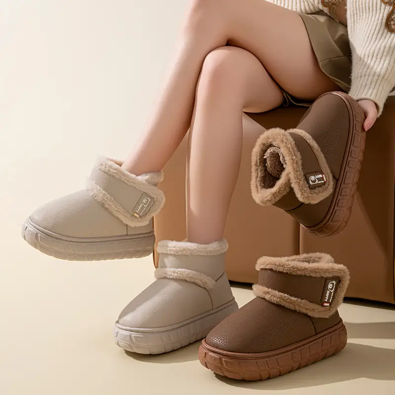Snow Boots, Outdoor Waterproof Slippers with Heel, Women's Winter Home New Style Couple Thick-Soled Fleece-Lined Warm Cotton Shoes for Men