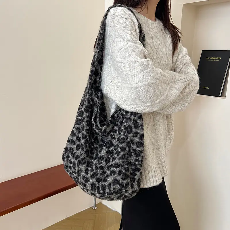 Korean Style Furry Leopard Print Wool Shoulder Bag - Image 5