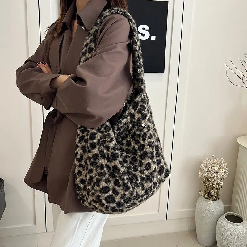 Korean Style Furry Leopard Print Wool Shoulder Bag - Image 6