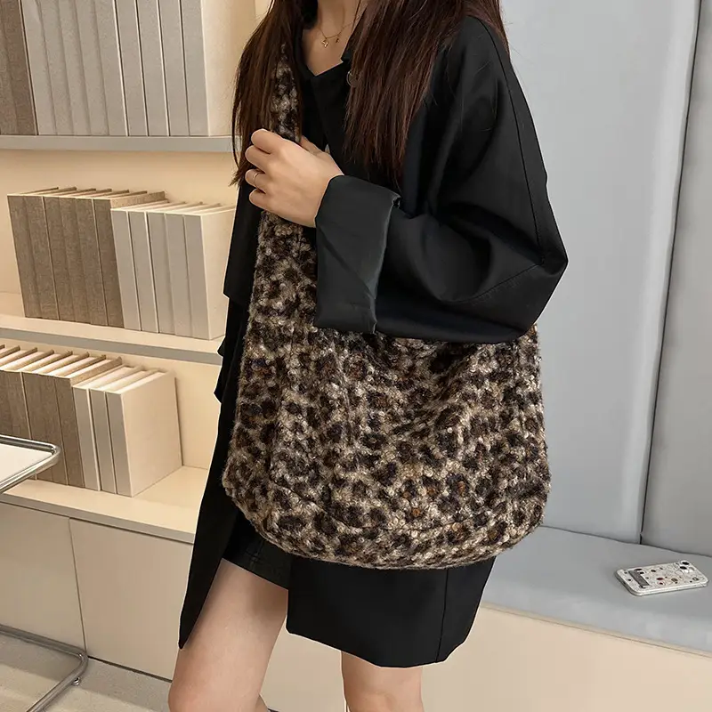 Korean Style Furry Leopard Print Wool Shoulder Bag - Image 7