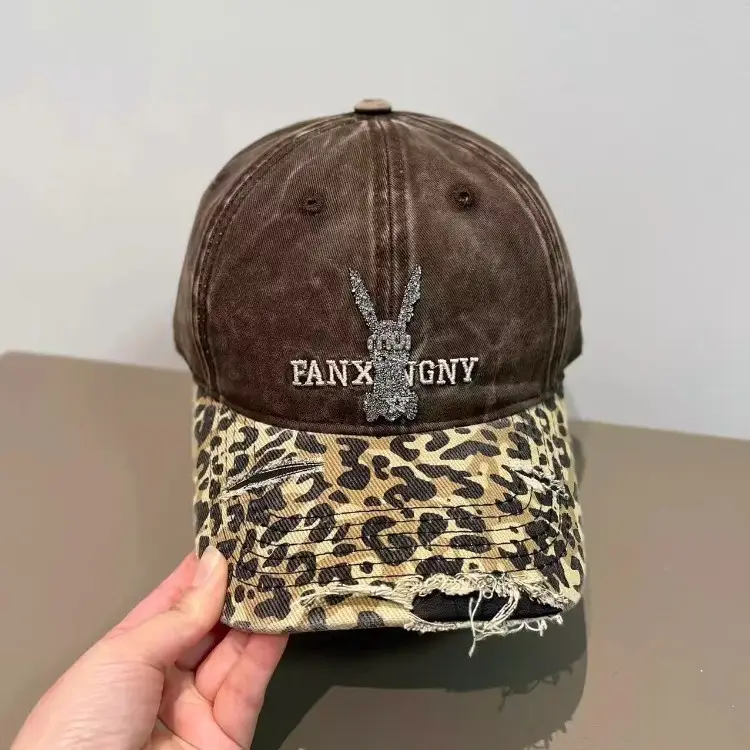 2025 Retro Leopard Print Sweet Cool Rhinestone Letter Duckbill Cap for Women - Image 6