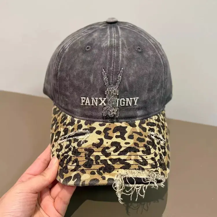 2025 Retro Leopard Print Sweet Cool Rhinestone Letter Duckbill Cap for Women - Image 8