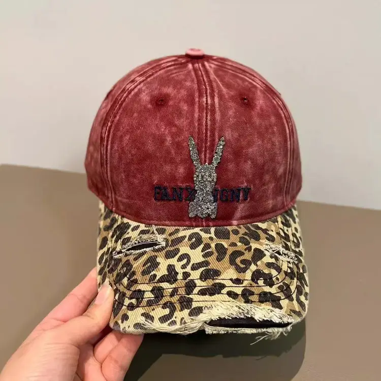 2025 Retro Leopard Print Sweet Cool Rhinestone Letter Duckbill Cap for Women - Image 9