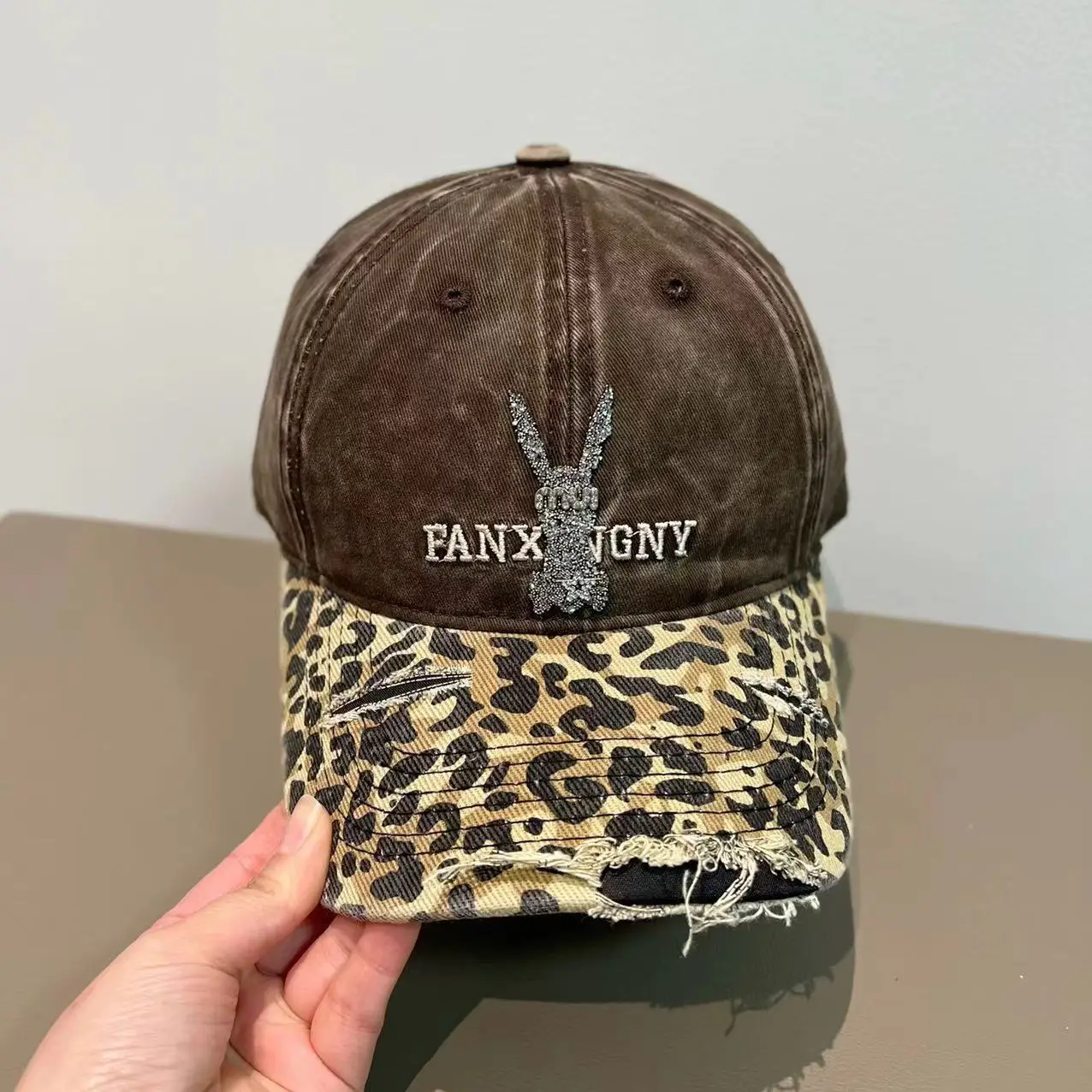 2025 Retro Leopard Print Sweet Cool Rhinestone Letter Duckbill Cap for Women