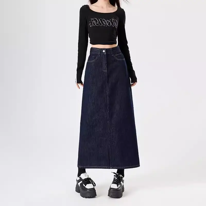 Dark Blue Denim High Waist A-Line Skirt for Women