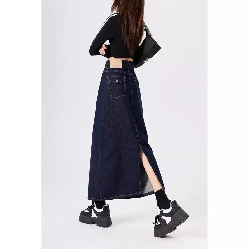 Dark Blue Denim High Waist A-Line Skirt for Women