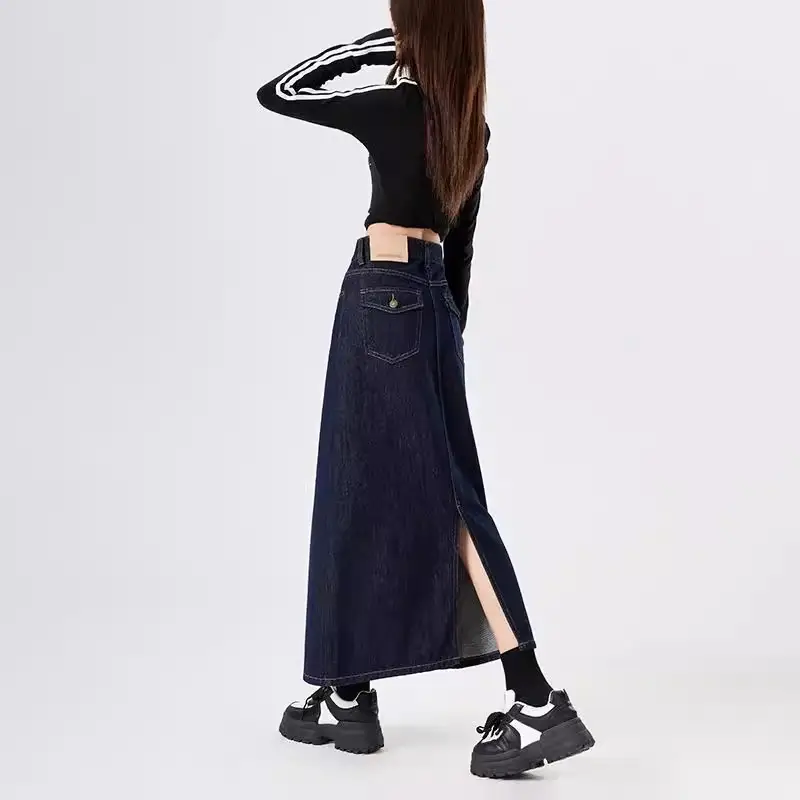Dark Blue Denim High Waist A-Line Skirt for Women