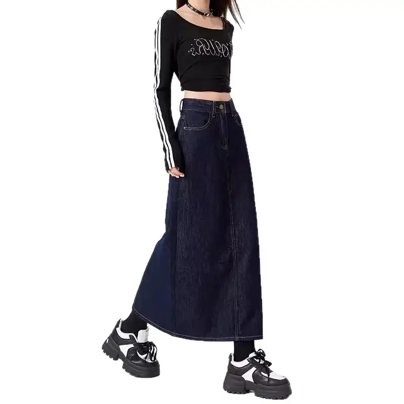 Dark Blue Denim High Waist A-Line Skirt for Women