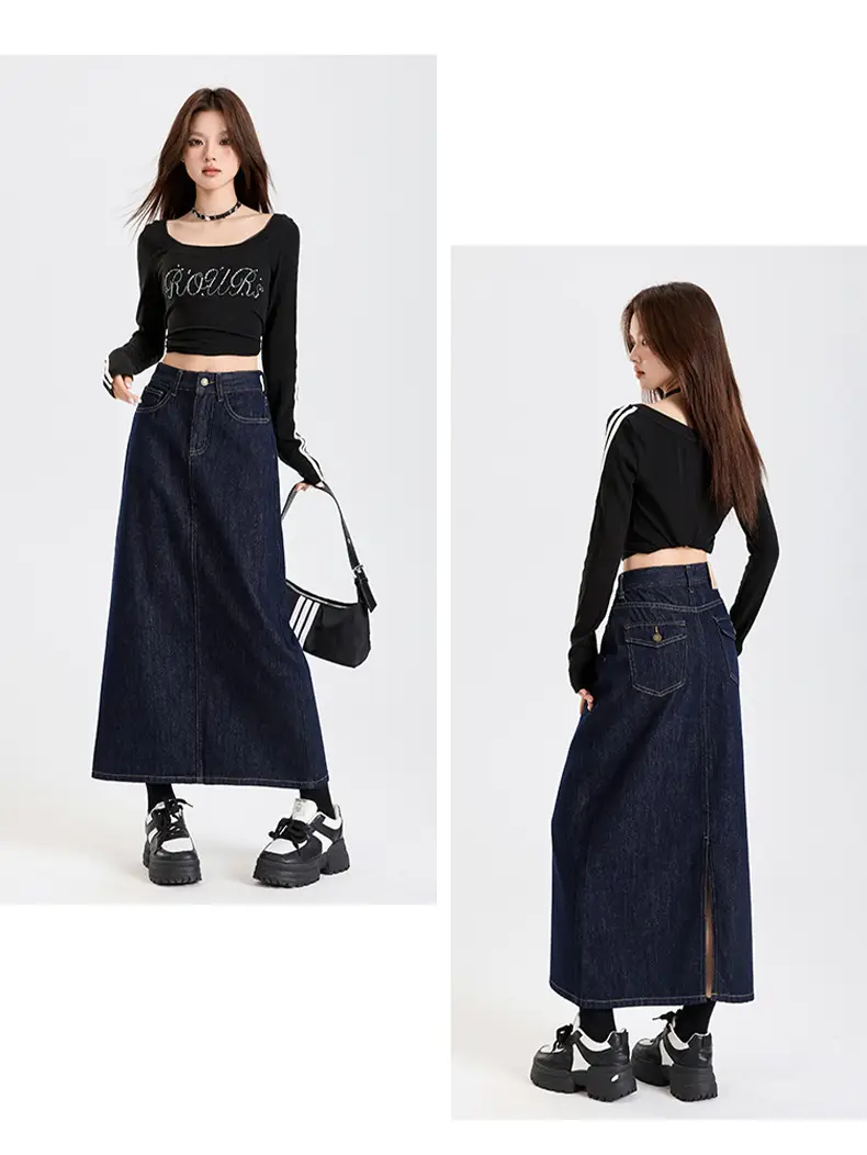 Dark Blue Denim High Waist A-Line Skirt for Women — feature 12