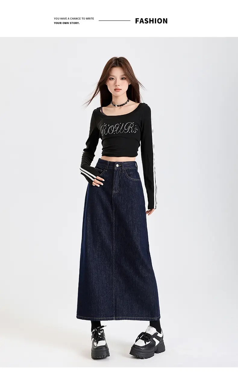 Dark Blue Denim High Waist A-Line Skirt for Women — feature 13