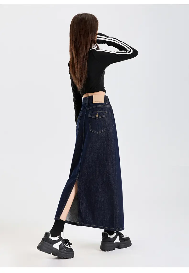 Dark Blue Denim High Waist A-Line Skirt for Women — feature 14