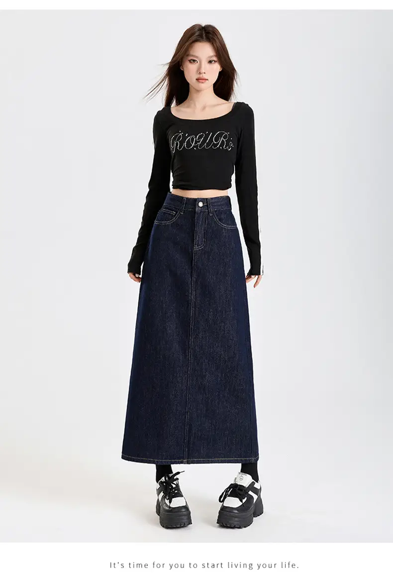 Dark Blue Denim High Waist A-Line Skirt for Women — feature 9