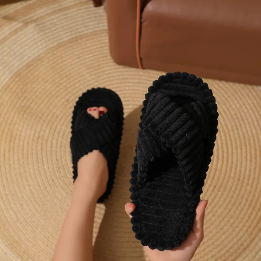 2026 Cross-Border Hot-Selling Amazon European and American Style Cross-Strap Cotton Slippers for Women, Skin-Friendly Plush Cotton Slippers for Women