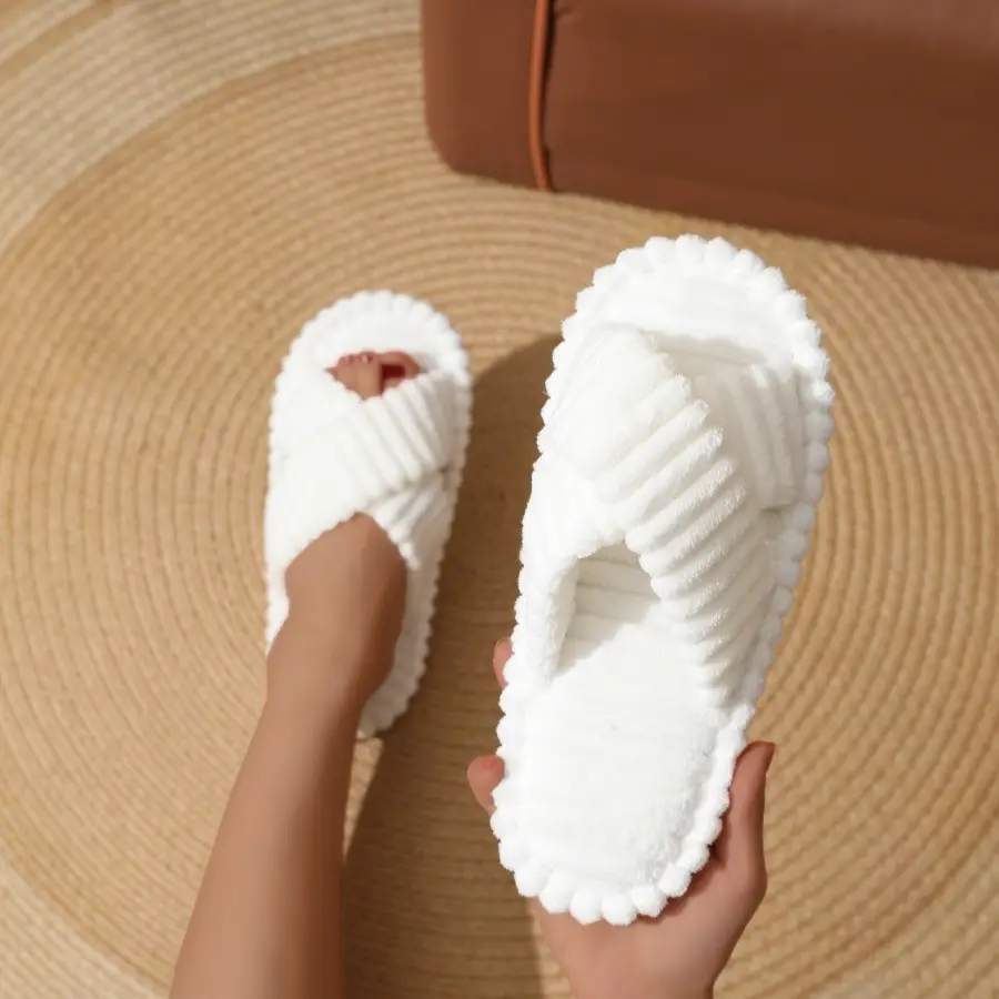 2026 Cross-Border Hot-Selling Amazon European and American Style Cross-Strap Cotton Slippers for Women, Skin-Friendly Plush Cotton Slippers for Women