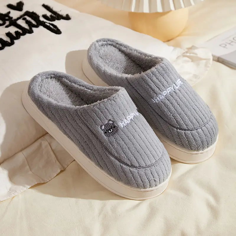 Men Winter Furry Slippers Grey Cotton Warm Indoor - Image 5