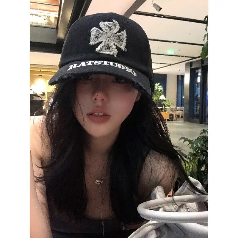 Women's Black Cross Embroidered Baseball Cap with Wide Brim - Image 5