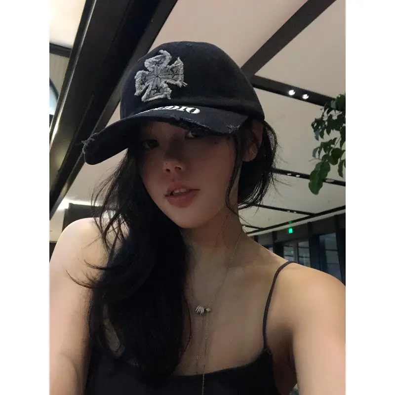 Women's Black Cross Embroidered Baseball Cap with Wide Brim - Image 7