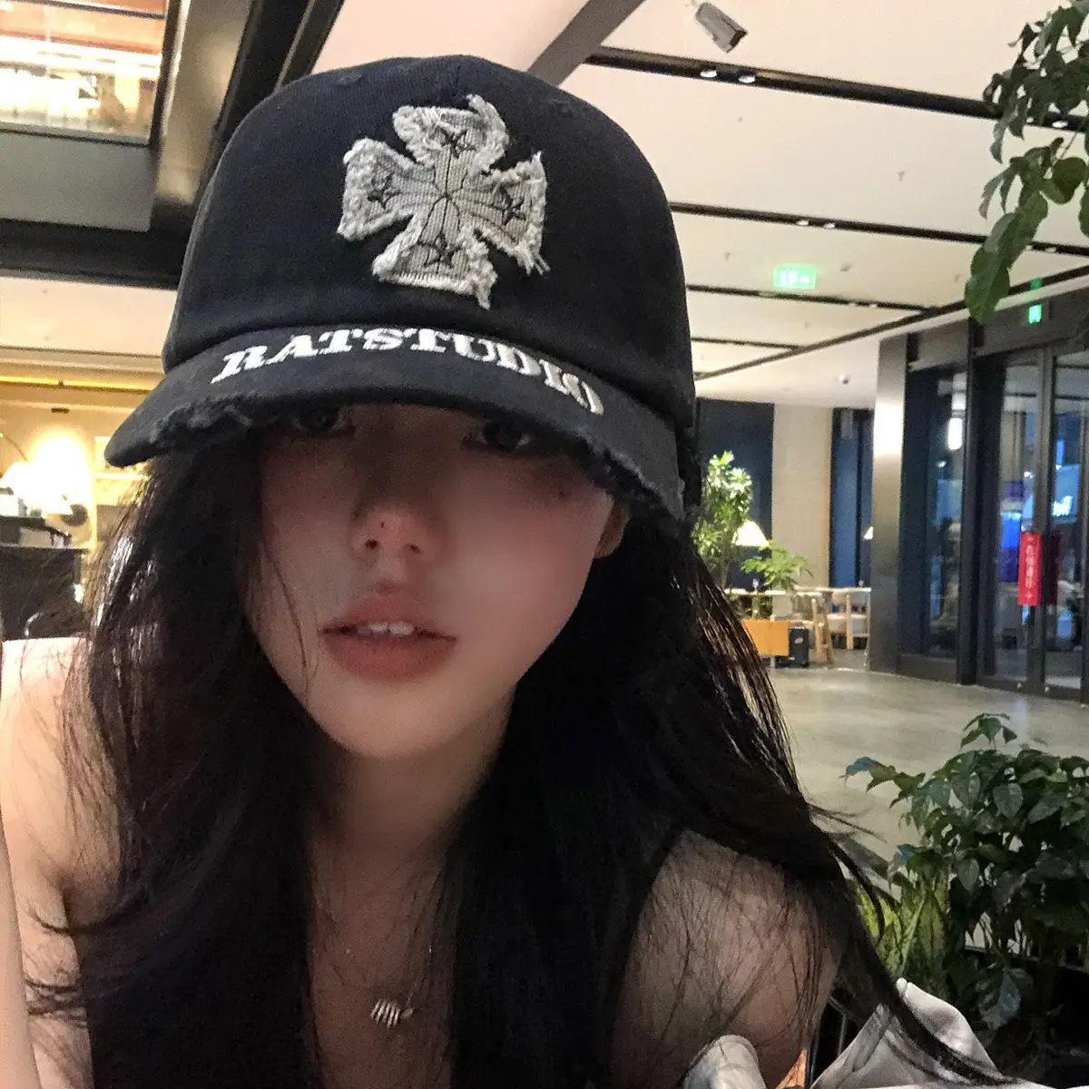 Women's Black Cross Embroidered Baseball Cap with Wide Brim - Image 2