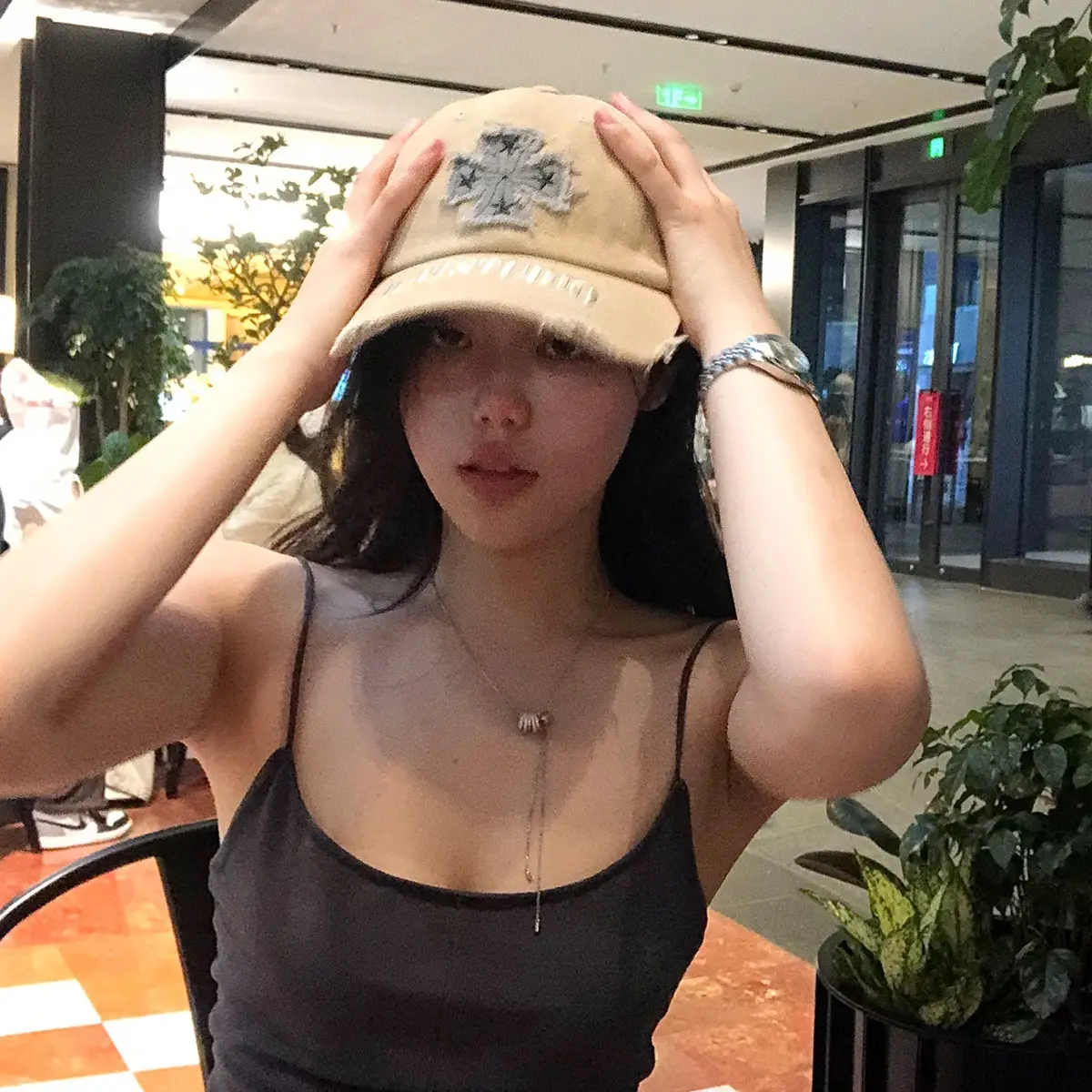 Women's Black Cross Embroidered Baseball Cap with Wide Brim - Image 3