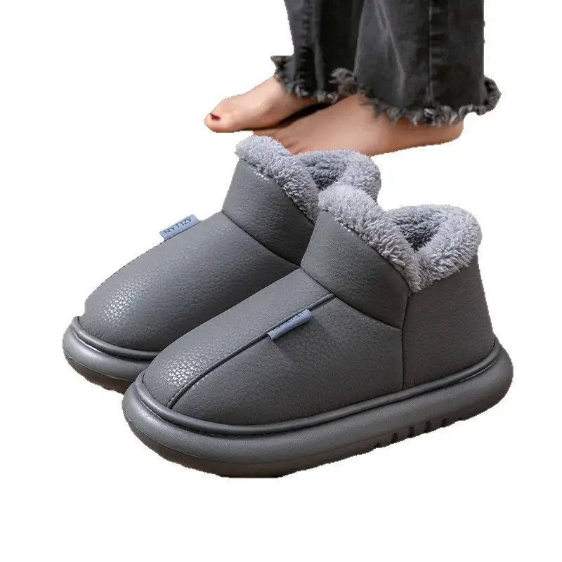 Men's Cotton Shoes Autumn and Winter New Home Indoor Thick-Soled Fleece-Lined Warm Pu Waterproof Bag Heel Cotton Slippers for Women to Wear Outside - Image 8
