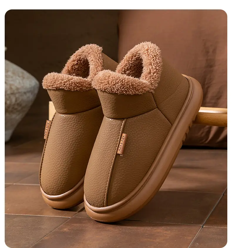 Men's Cotton Shoes Autumn and Winter New Home Indoor Thick-Soled Fleece-Lined Warm Pu Waterproof Bag Heel Cotton Slippers for Women to Wear Outside — feature 2