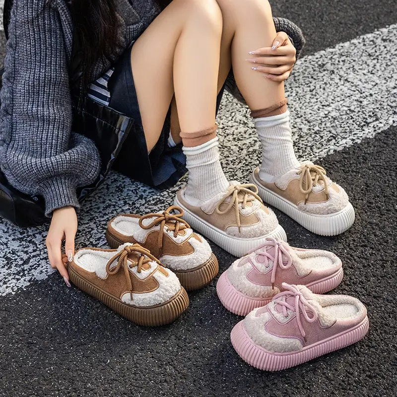 Women Cotton Slippers Pink Brown Warm Indoor Outdoor