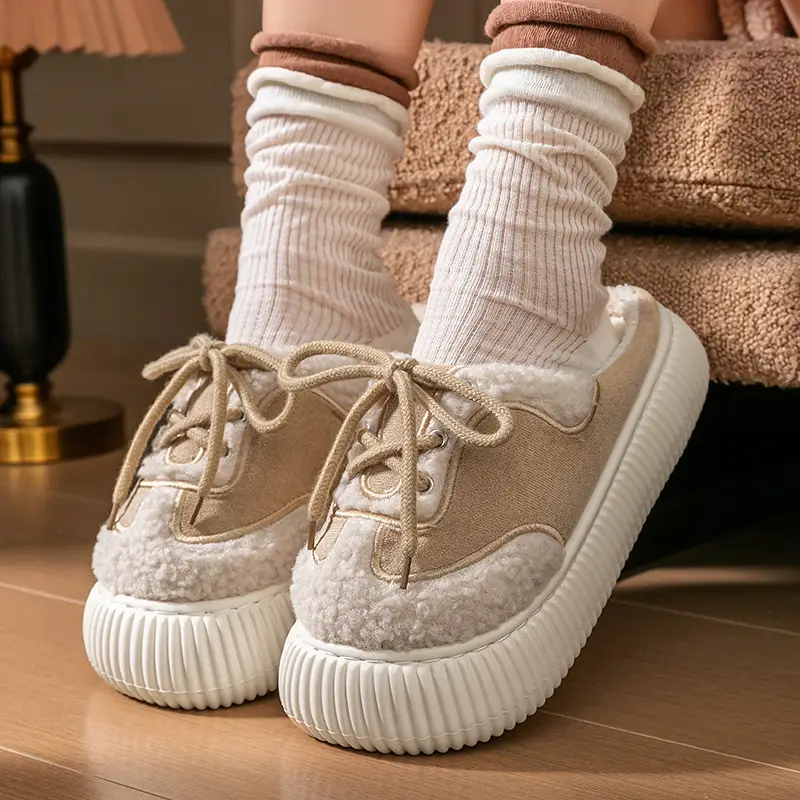 Women Cotton Slippers Pink Brown Warm Indoor Outdoor