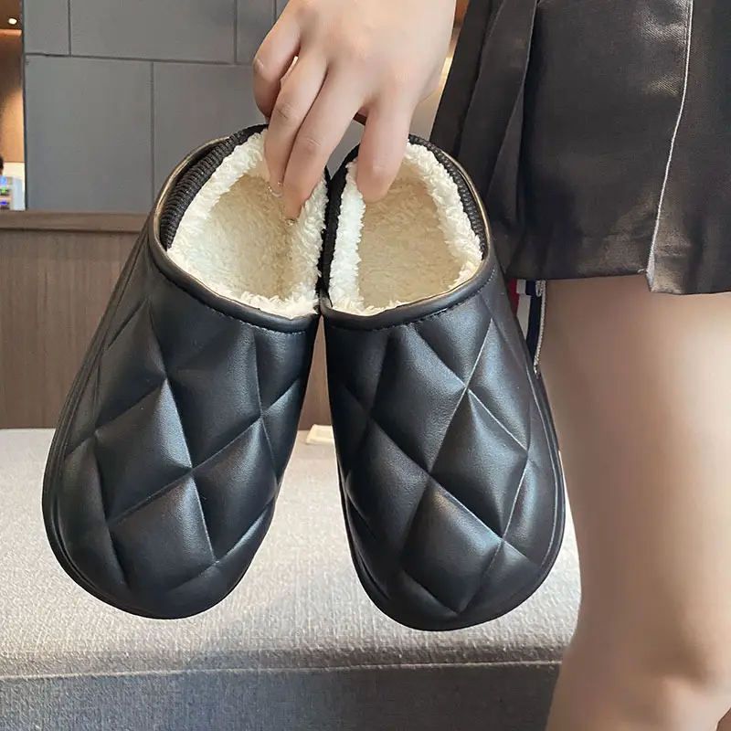 Women's Fleece Lined Couple Slippers Winter Warm Black - Image 40