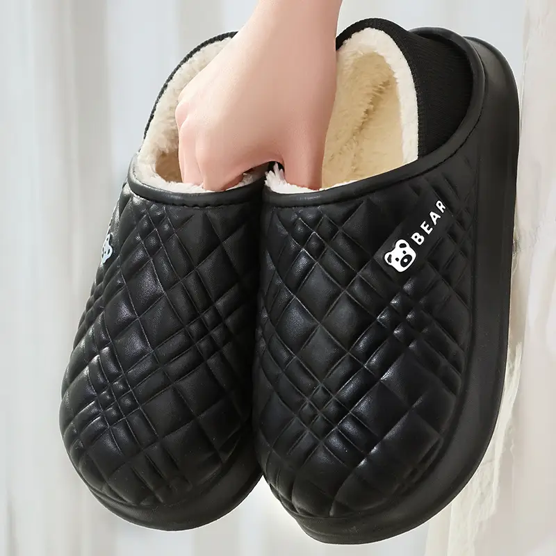 Women's Fleece Lined Couple Slippers Winter Warm Black - Image 32