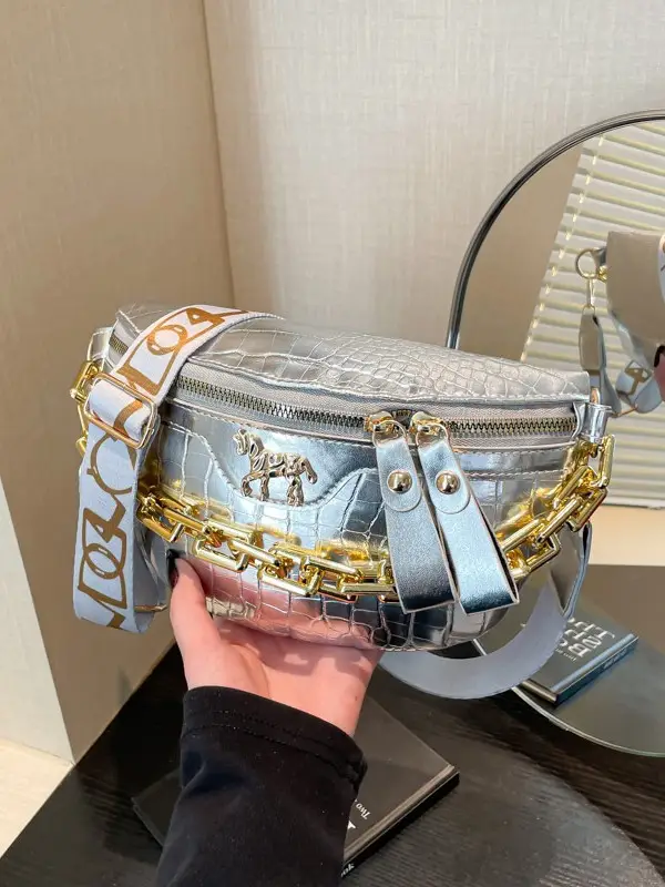 Women's Crocodile Pattern Chest Bag with Gold Chain