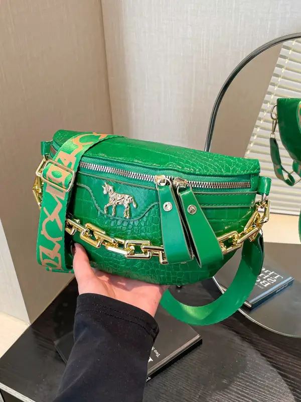 Women's Crocodile Pattern Chest Bag with Gold Chain