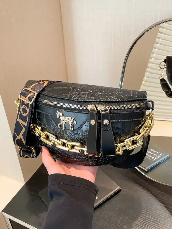 Women's Crocodile Pattern Chest Bag with Gold Chain