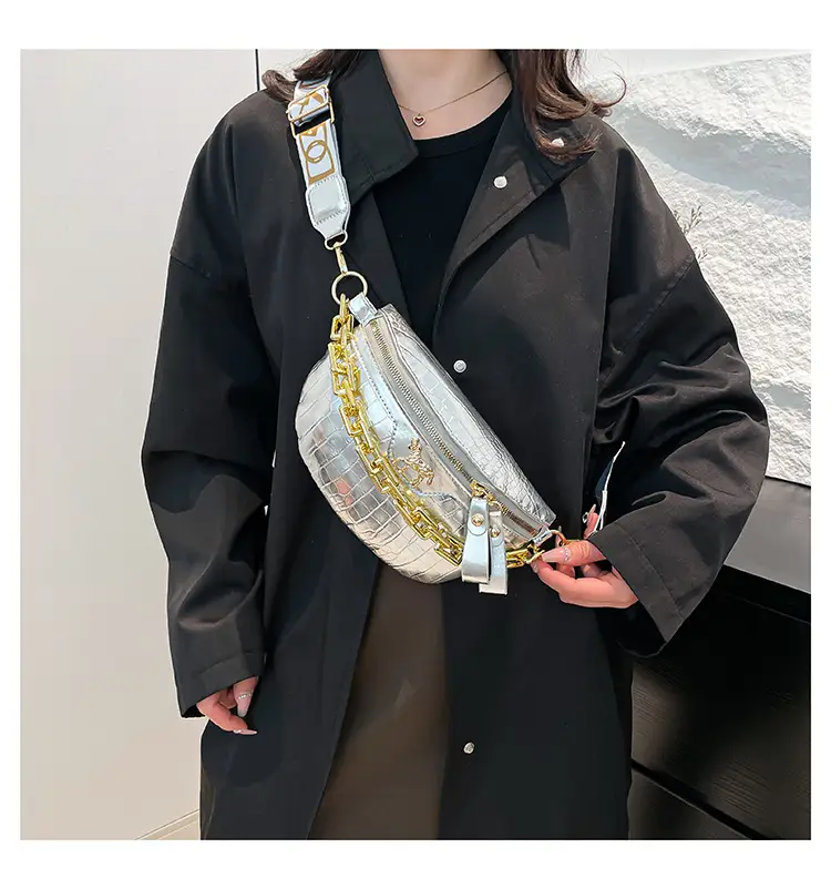 Women's Crocodile Pattern Chest Bag with Gold Chain — feature 10