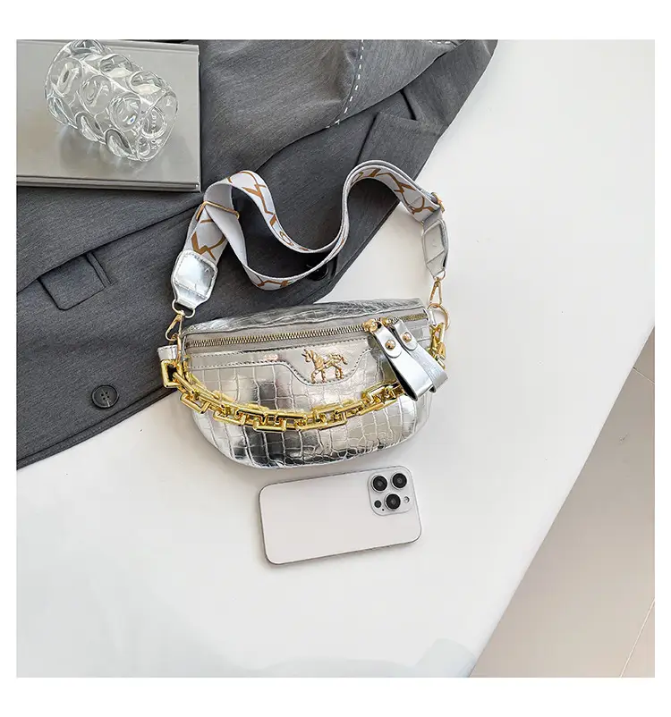 Women's Crocodile Pattern Chest Bag with Gold Chain — feature 16