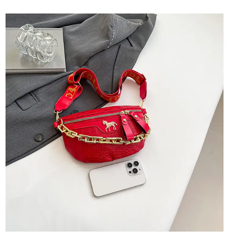 Women's Crocodile Pattern Chest Bag with Gold Chain — feature 22