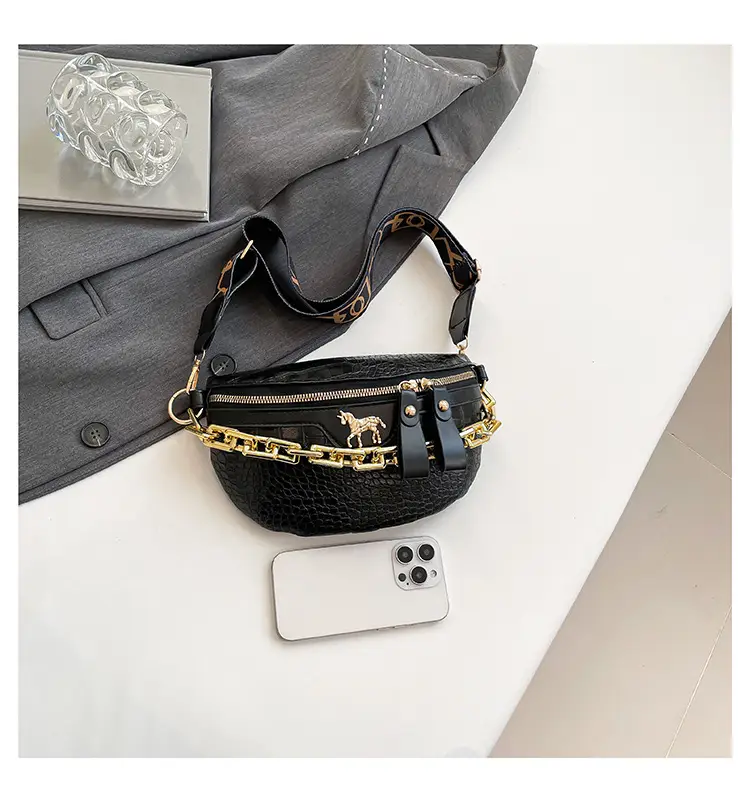 Women's Crocodile Pattern Chest Bag with Gold Chain — feature 25